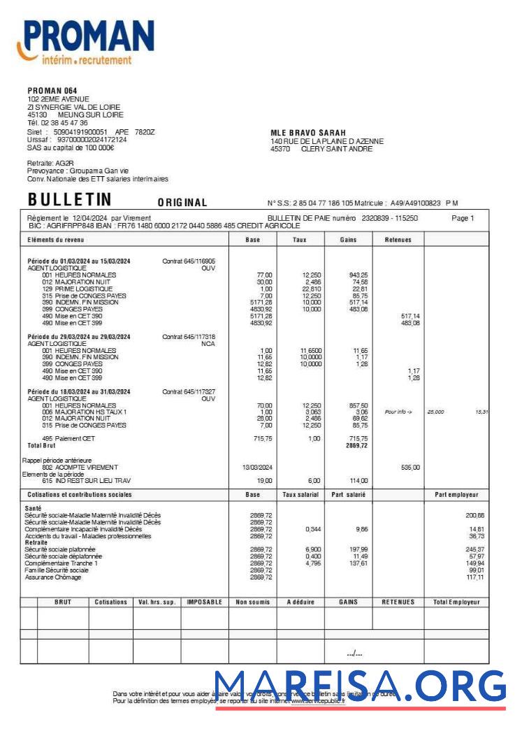 Realistic Proman recrutement payslip (in French language), version 2 sample